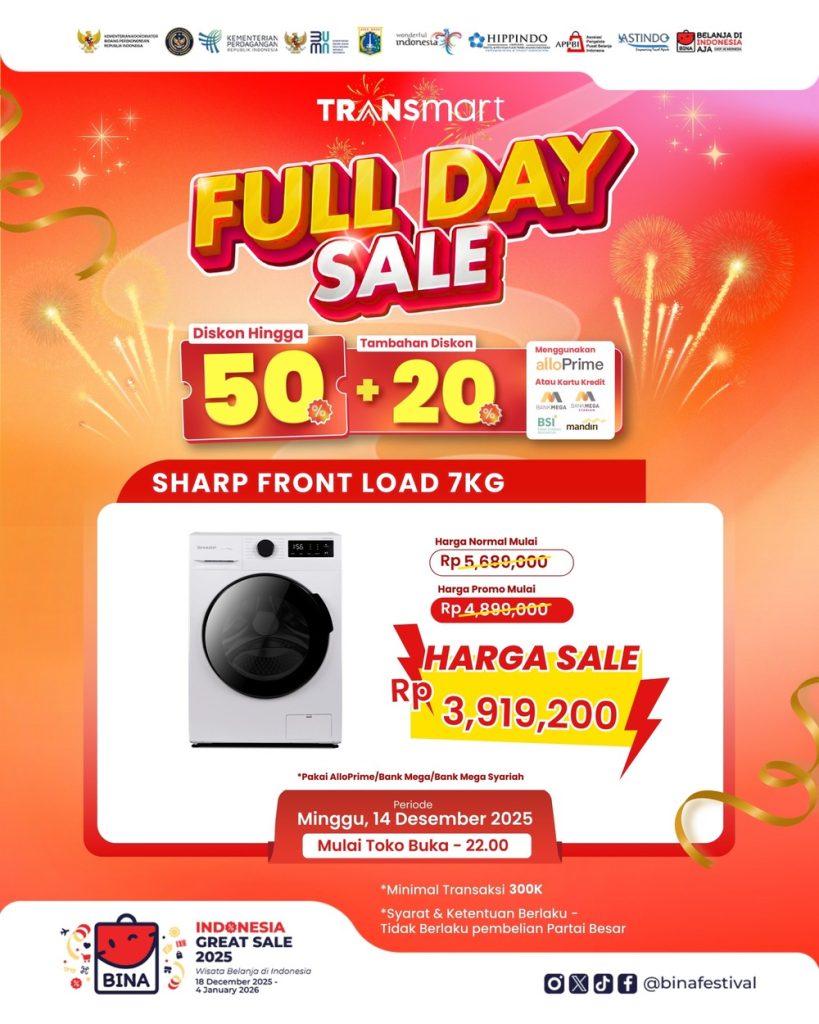 Harga Mesin Cuci Front Load Anjlok Drastis! Transmart Full Day Sale Bikin Dompet Tersenyum Lebar, Hemat Jutaan Rupiah Hanya Hari Ini!